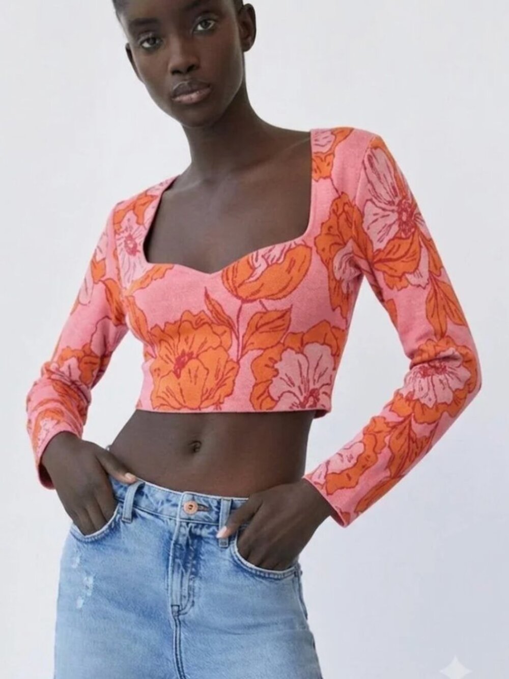 Zara Jacquard Floral Knit Long Sleeve Crop Top w/ Sweetheart Neckline - Size M